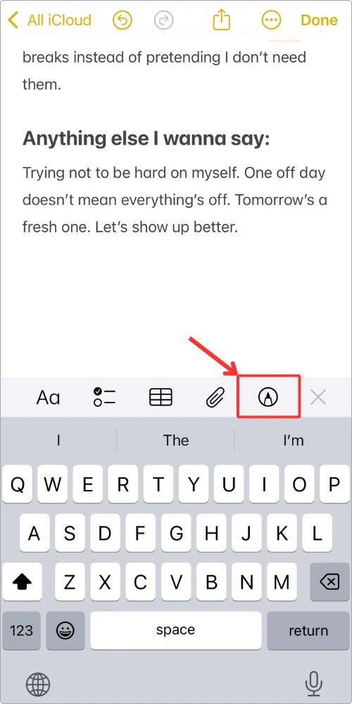 Screenshot of me about to use the drawing tool in Apple Notes — sometimes I just doodle instead of writing when journaling.