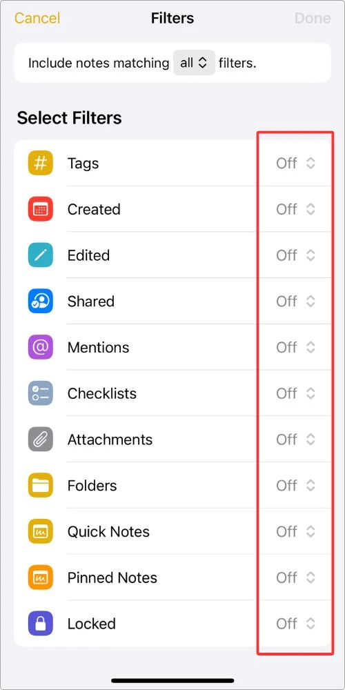Filter categories for a Smart Folder