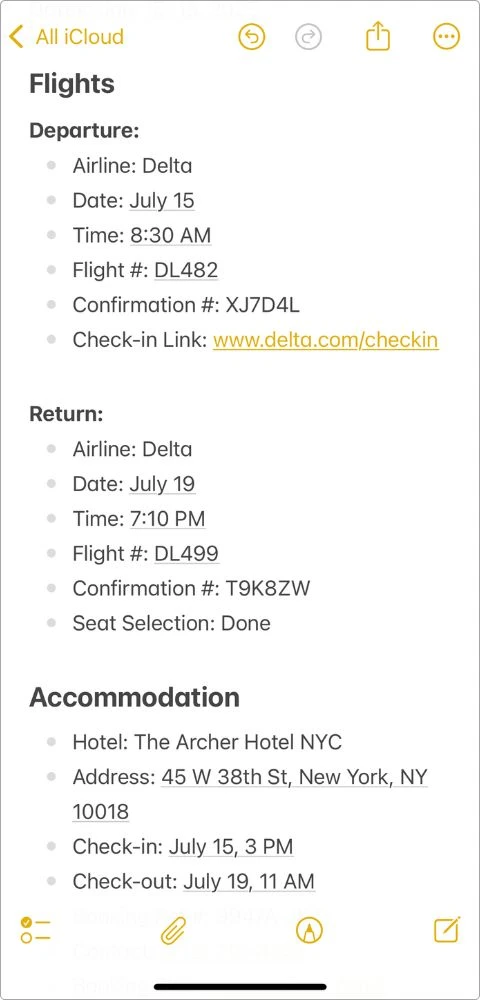 Screenshot showing my flight and hotel booking details saved in Apple Notes — airline info, confirmation numbers, and accommodation address for NYC trip.