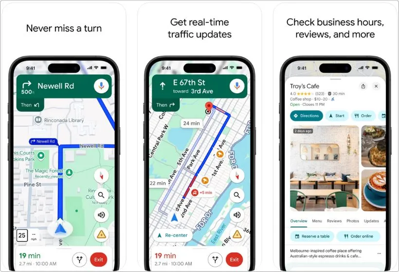 Google Maps app screenshots