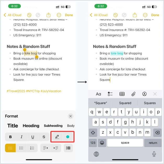 Highlighting text in Apple Notes on iPhone using Aa menu — I used this to mark important travel details like flight time and hotel address in my trip planner note.
