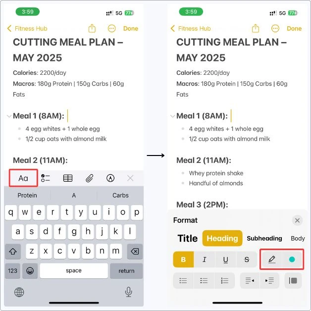 Screenshot of my notes showing how I highlight meal sections in Apple Notes — tapped Aa, then used the color tool to make headings stand out.