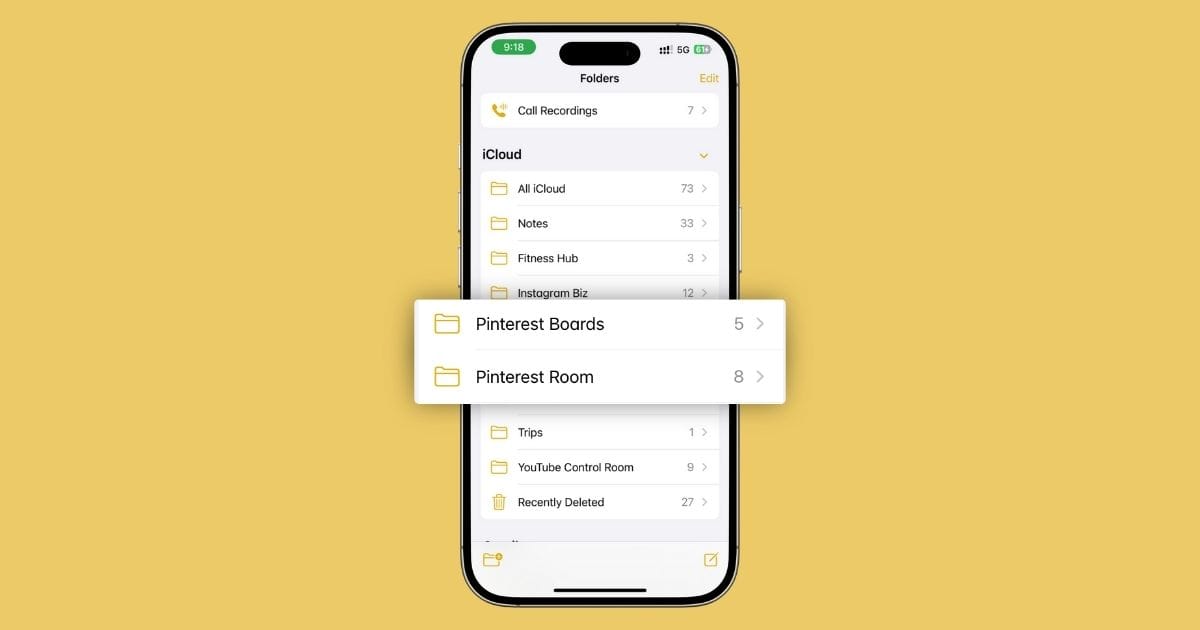 Screenshot of iPhone Notes folders showing “Pinterest Boards” and “Pinterest Room” — part of my Apple Notes setup to plan Pinterest strategy
