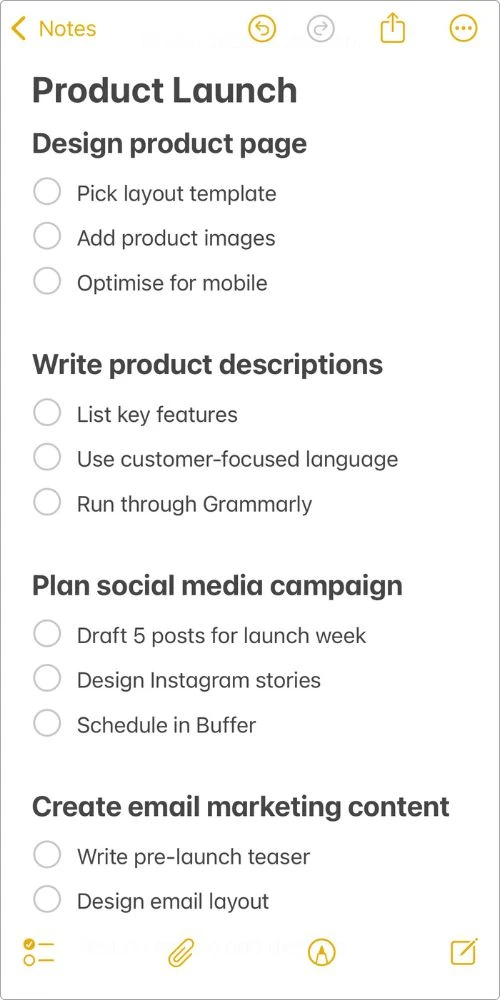 How to breaking down big tasks into subtasks in Apple Notes