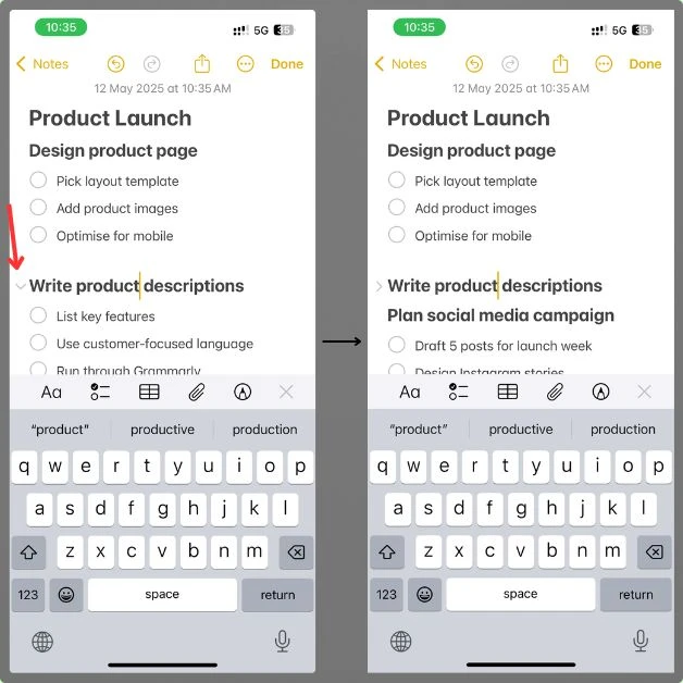 How to collapse a section in Apple Notes