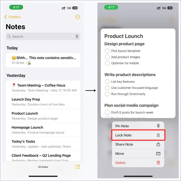 How to lock individual notes in Apple Notes
