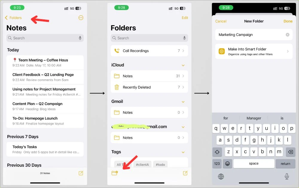 How to set up a new project folder in Apple Notes