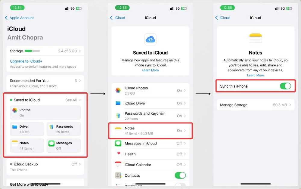 How to turned on iCloud syncing for Apple Notes Step 2