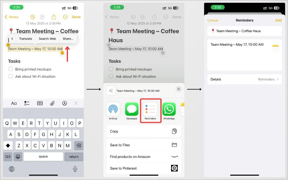 How to use reminder app with the Apple Notes for specific part of the note