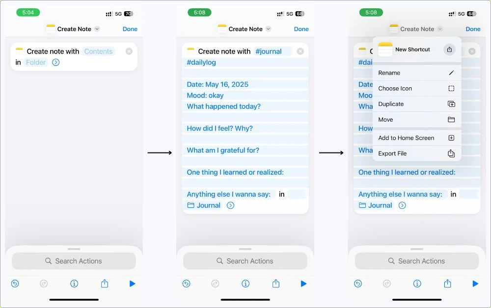 My custom Shortcut setup for journaling in iPhone Notes — includes adding the full template, renaming it, and setting the folder.
