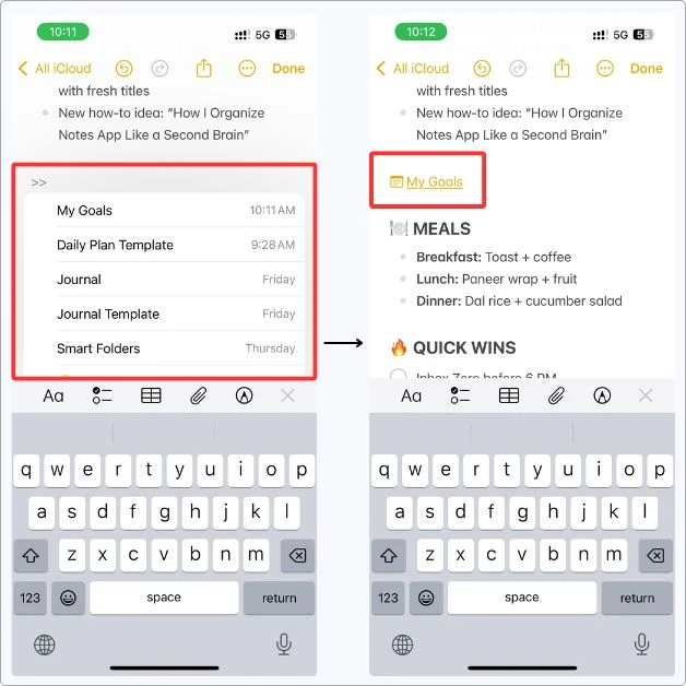Screenshot showing how I link my notes together in Apple Notes — here I added a quick link to my “My Goals” note from inside my daily planner.
