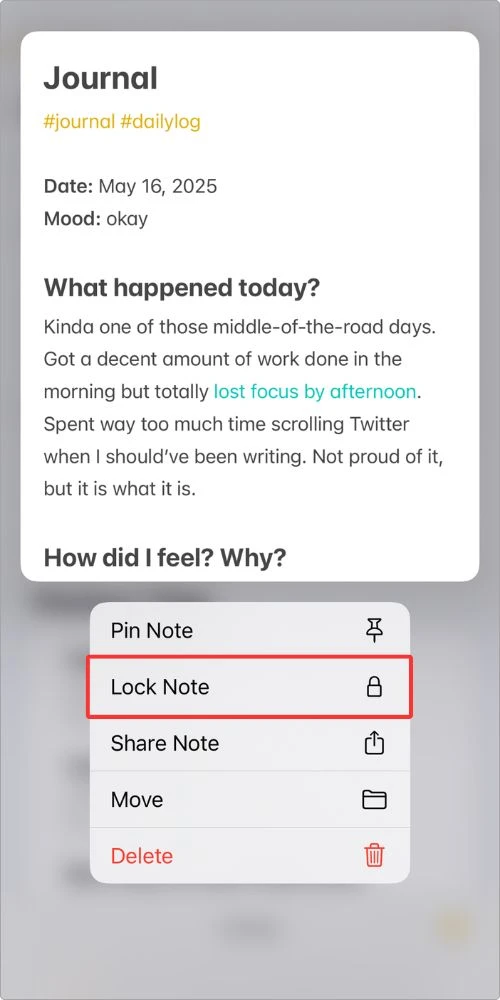 My journal entry in Apple Notes with the Lock Note option highlighted — this is how I protect private thoughts using Face ID.