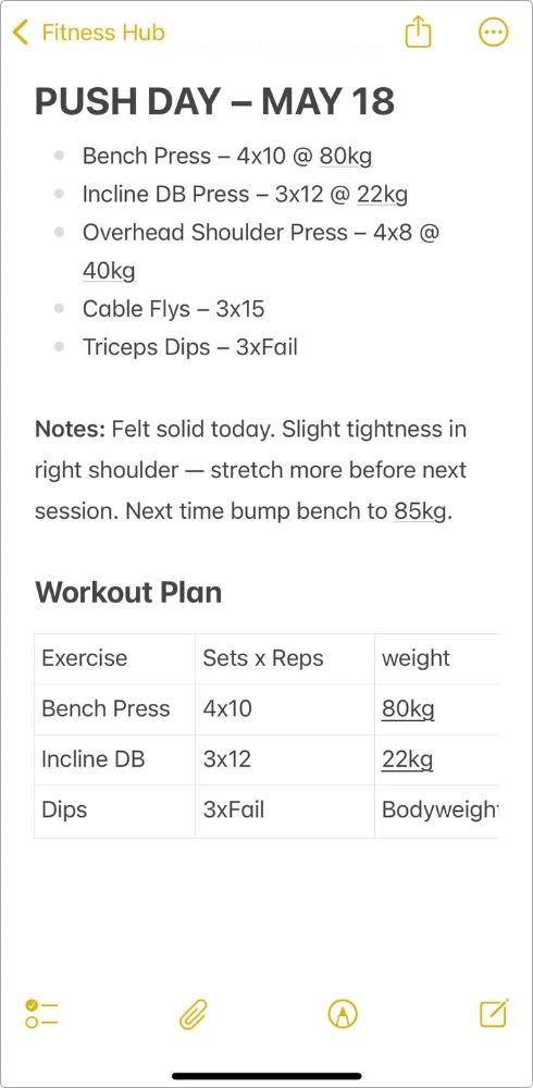 Here’s exactly how I log my Push Day workout in Apple Notes — full routine, personal notes, and a simple table to track sets, reps, and weights.