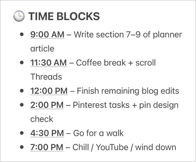 My manual time-blocking setup in Apple Notes — a simple way I plan my day without needing a calendar view.