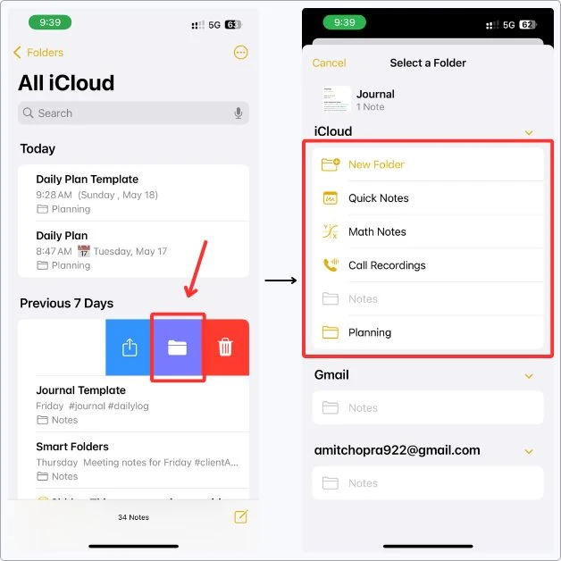 Screenshot showing how I moved a note into a folder in Apple Notes by swiping left and tapping the folder icon.