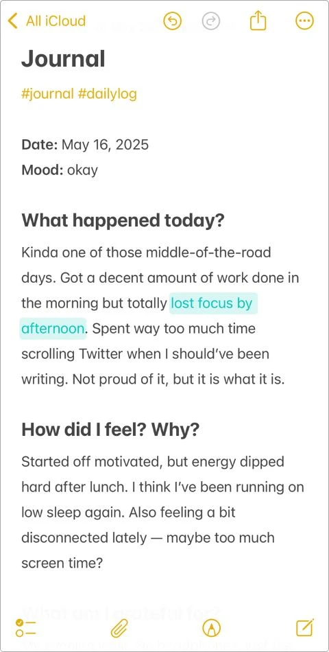 My personal daily journal template in Apple Notes — with prompts I actually use like mood check-in, gratitude, and what I learned today.