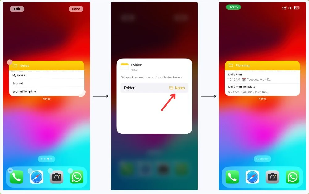 Screenshot of my iPhone Home Screen with the Notes widget showing my Planning folder — gives instant access to my daily plan.