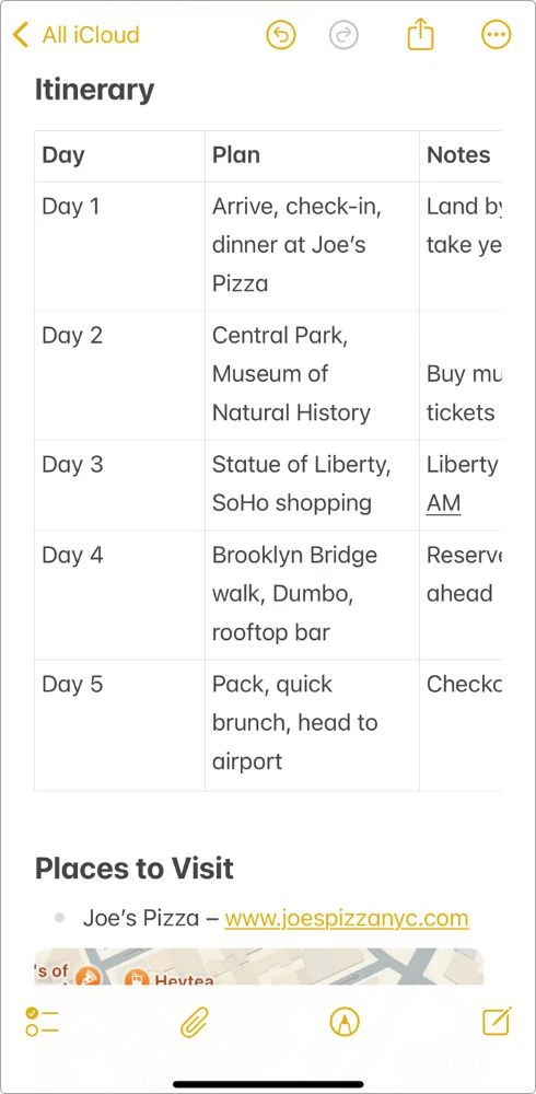 Screenshot of my NYC trip itinerary in Apple Notes using a 3-column table layout for day-by-day planning with notes and reminders.
