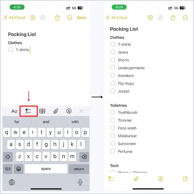 Screenshot showing my NYC trip packing list inside Apple Notes, organized into clothes, toiletries, and tech using the checklist feature.
