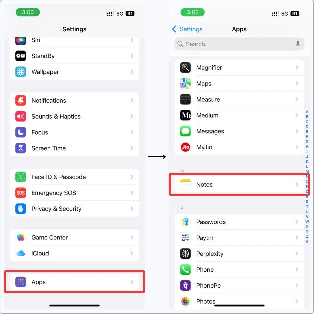 Open Apple Notes in settings