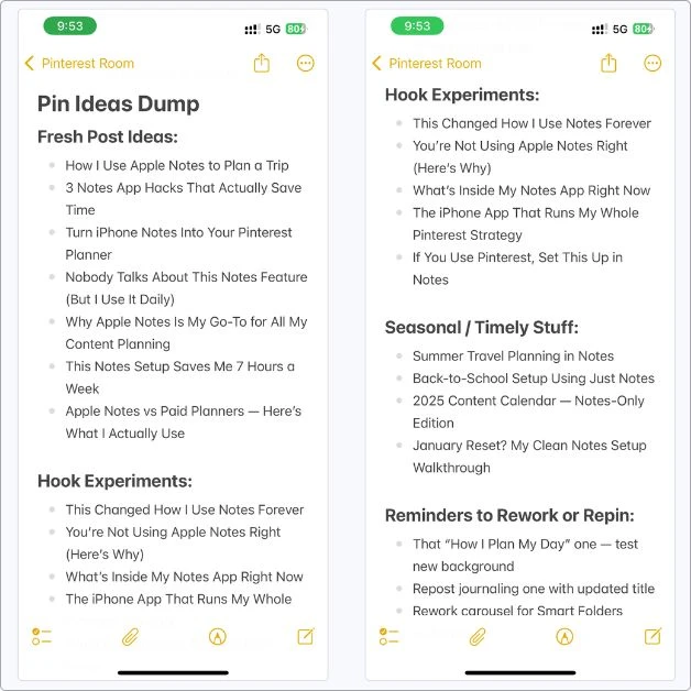 Screenshot of my “Pin Ideas Dump” note in Apple Notes — includes fresh pin ideas, hook experiments, seasonal content, and reminders to rework or repost