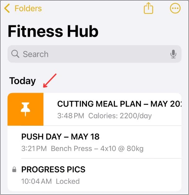 Screenshot of my notes showing how to pin a note — swipe right to reveal the orange pin icon on your meal plan or workout log.