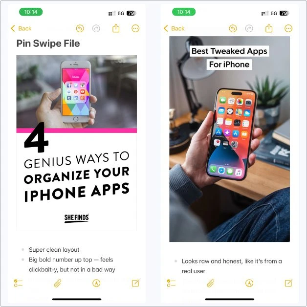 Screenshot of my Pin Swipe File note in Apple Notes — a collection of viral Pinterest pin examples with notes on layout, headlines, and visual style