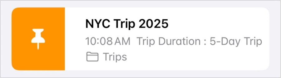Screenshot of my “NYC Trip 2025” note pinned in Apple Notes, making it easy to find at the top of the Trips folder.