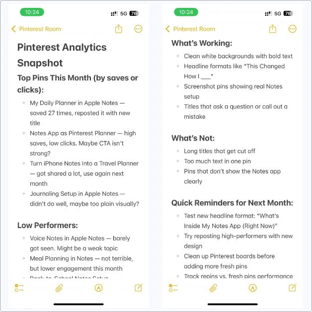 Screenshot of my Pinterest Analytics Snapshot note in Apple Notes — tracks top and low-performing pins, what’s working, what’s not, and monthly reminders