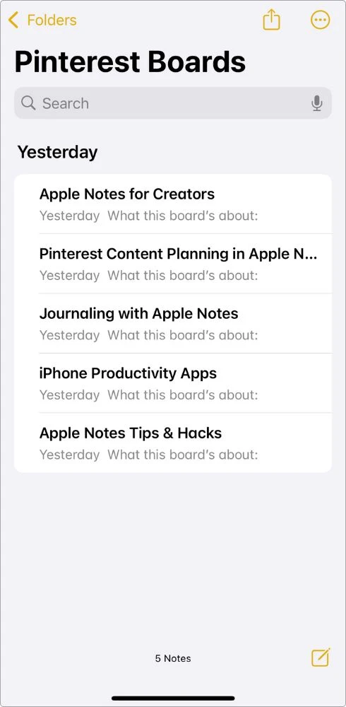 Screenshot of my Pinterest Boards folder in Apple Notes — shows board-specific notes like Apple Notes for Creators, Productivity Apps, and Pinterest Content Planning