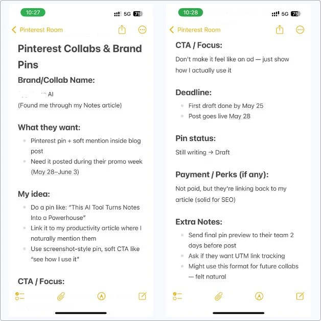 Screenshot of my Pinterest Collabs & Brand Pins note in Apple Notes — includes brand request, pin idea, deadlines, CTA focus, and SEO perks