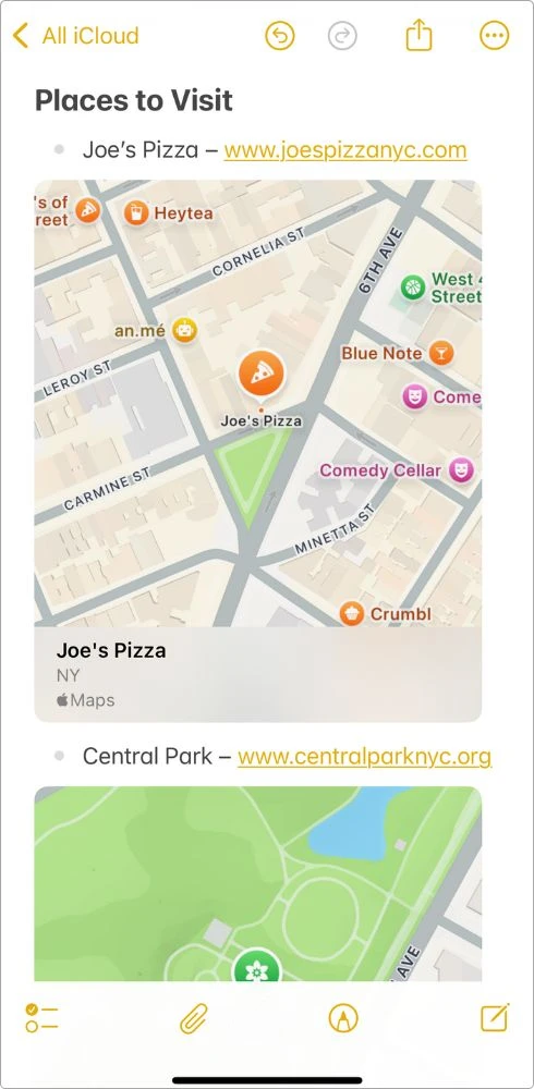 Screenshot of my “Places to Visit” section in Apple Notes with map previews for Joe’s Pizza and Central Park, using embedded Apple Maps links.