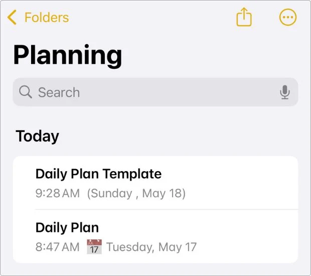 Screenshot of my Planning folder in Apple Notes — where I keep my daily plan and template notes organized in one place.