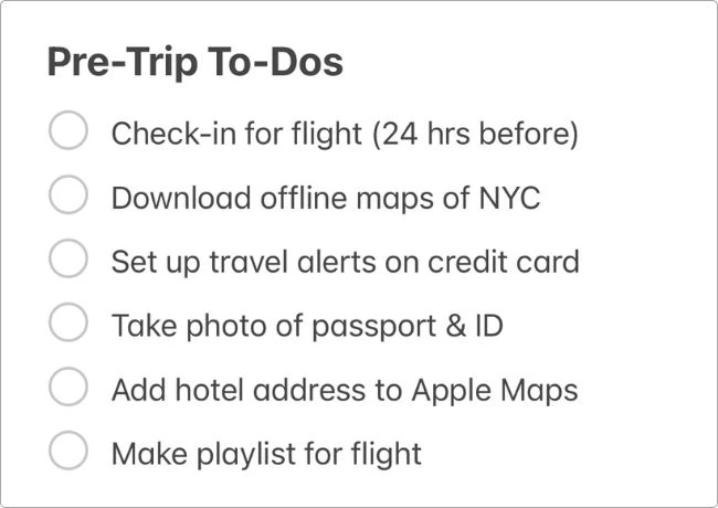My pre-trip checklist for NYC saved in Apple Notes — quick to-dos like checking in for flight, downloading maps, and taking a photo of passport.