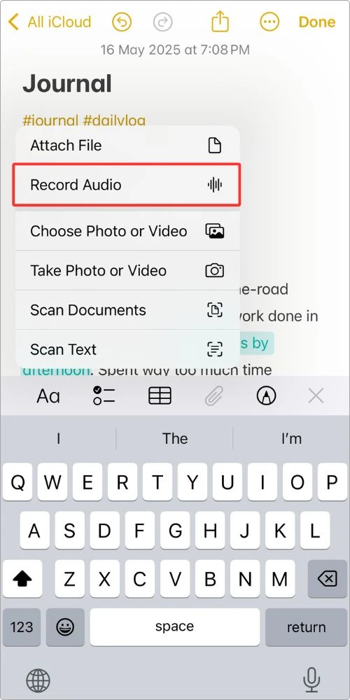 Screenshot showing how I use the Record Audio option in Apple Notes to journal by voice — perfect for lazy or low-energy days.