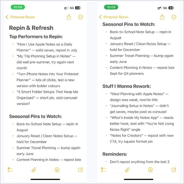 Screenshot of my Repin & Refresh note in Apple Notes — tracks top-performing pins to repost, seasonal pins to watch, and content ideas to rework or redesign