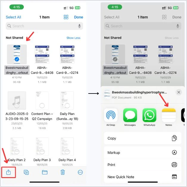 Screenshot showing how I share a workout PDF to Apple Notes — selected the file, tapped the share icon, and chose Notes as the destination.
