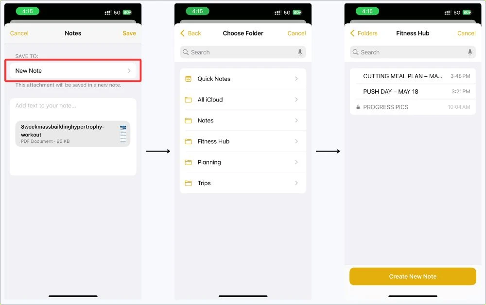 Screenshot of how I save a workout PDF into my Fitness Hub folder in Apple Notes — tapped New Note, picked the folder, and saved it with my other training logs.