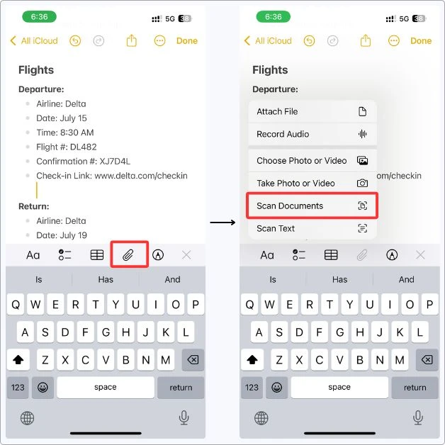 Screenshot of the Apple Notes interface on iPhone showing the “Scan Documents” option selected from the paperclip menu inside a travel note
