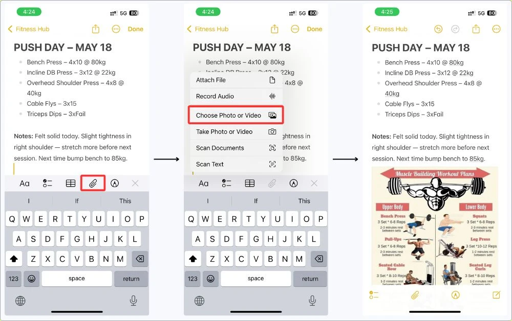 Screenshot of my notes showing how I save workout plans from Instagram into Apple Notes — tapped the paperclip, chose a photo, and added it right into my Push Day log.