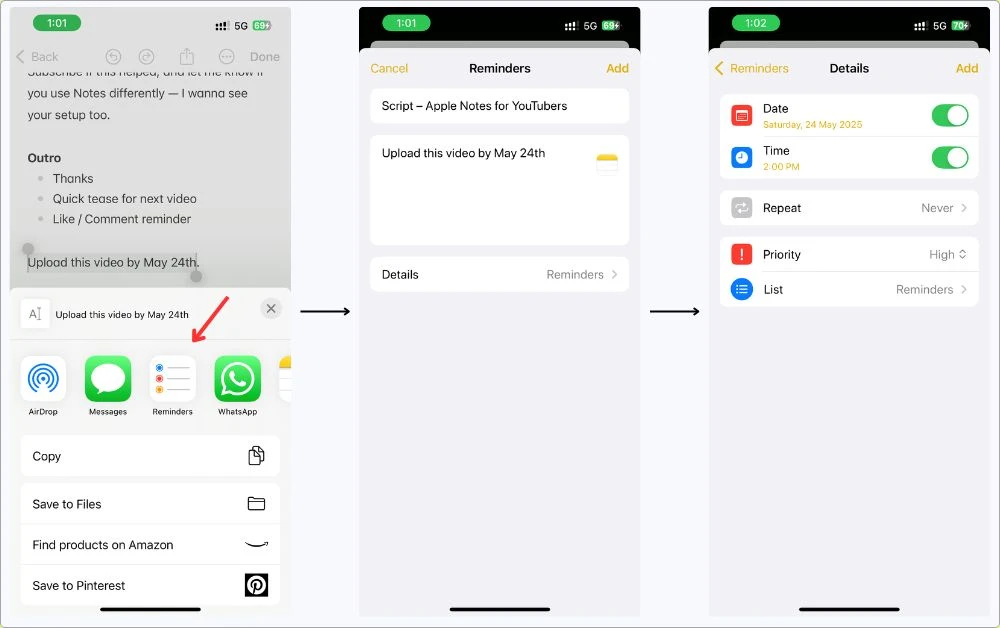 Step-by-step screenshot showing how to turn a sentence in Apple Notes into a scheduled reminder on iPhone, using the Share Sheet and Reminders app.