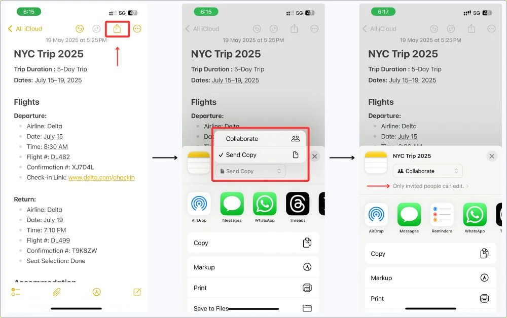 Step-by-step process of sharing a travel note in Apple Notes using the Collaborate feature, showing how to invite others to view or edit trip plans directly via iMessage, Mail, or link.