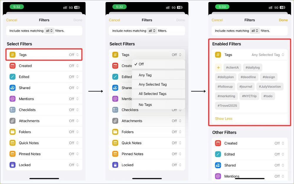 Tag-based filter setup in Apple Notes Smart Folder showing selected tags like #Travel2025, #dailylog, and #NYCTrip used to auto-group related notes.