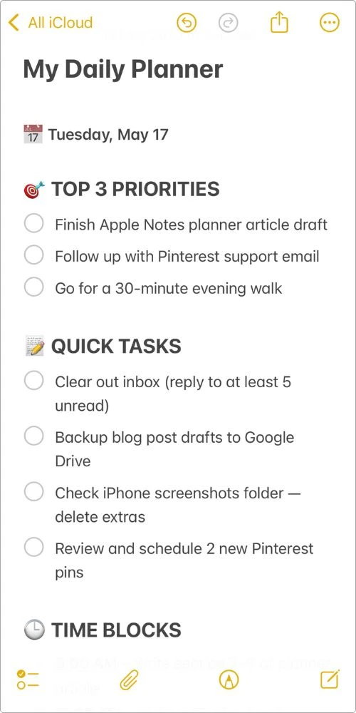 My daily planner note in Apple Notes using emojis and bold headers to keep things visually clear without relying on tags.