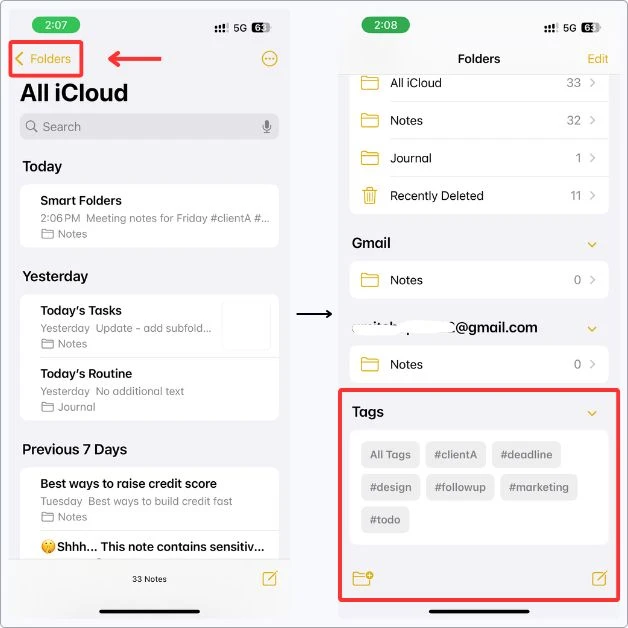 Tag browser in Apple Notes iPhone