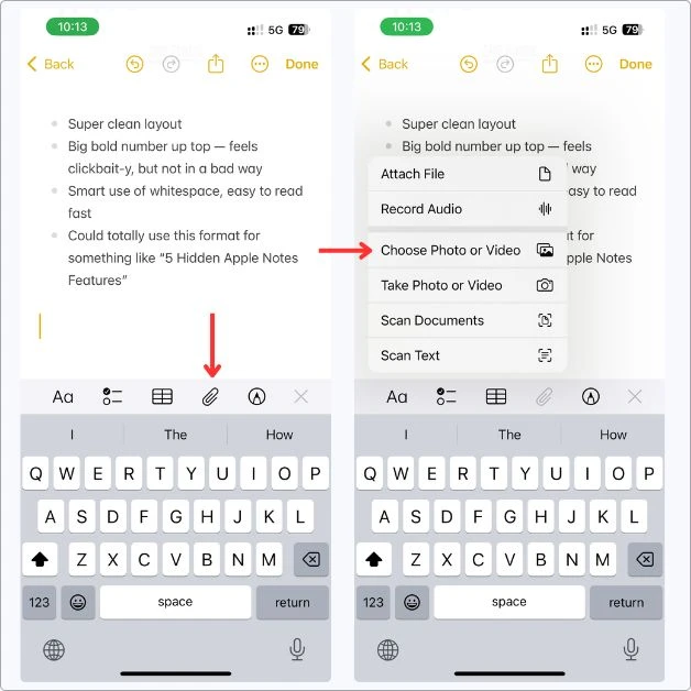 Screenshot showing how to upload images in Apple Notes — tap the paperclip icon, then select “Choose Photo or Video” from the menu