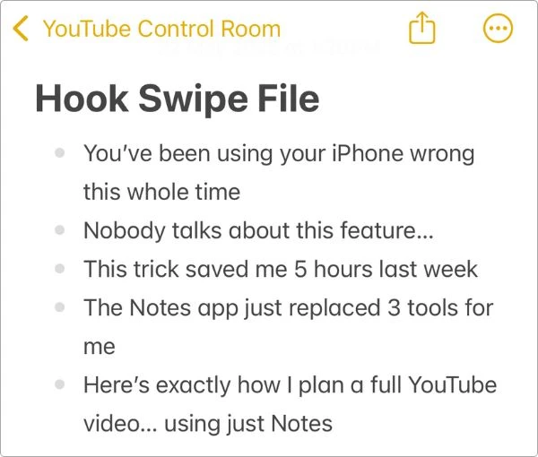 Screenshot of my Hook Swipe File in Apple Notes with clickable YouTube video hook ideas saved for future content inspiration.