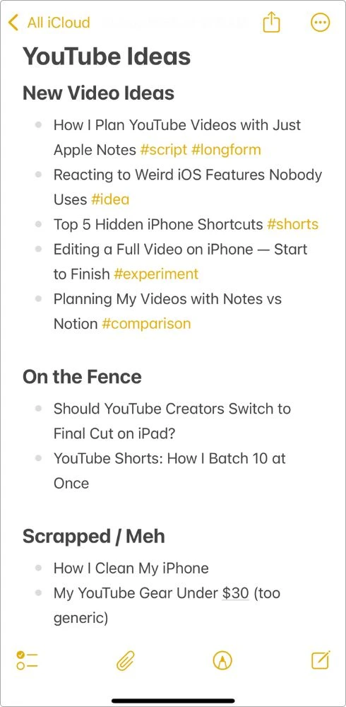 Screenshot of a YouTube idea dump note inside Apple Notes, showing video concepts organized under sections like “New Video Ideas” and “On the Fence.”