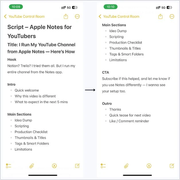 Side-by-side screenshot of a full YouTube video script outline written in Apple Notes, showing sections like Hook, Intro, Main Content, CTA, and Outro.