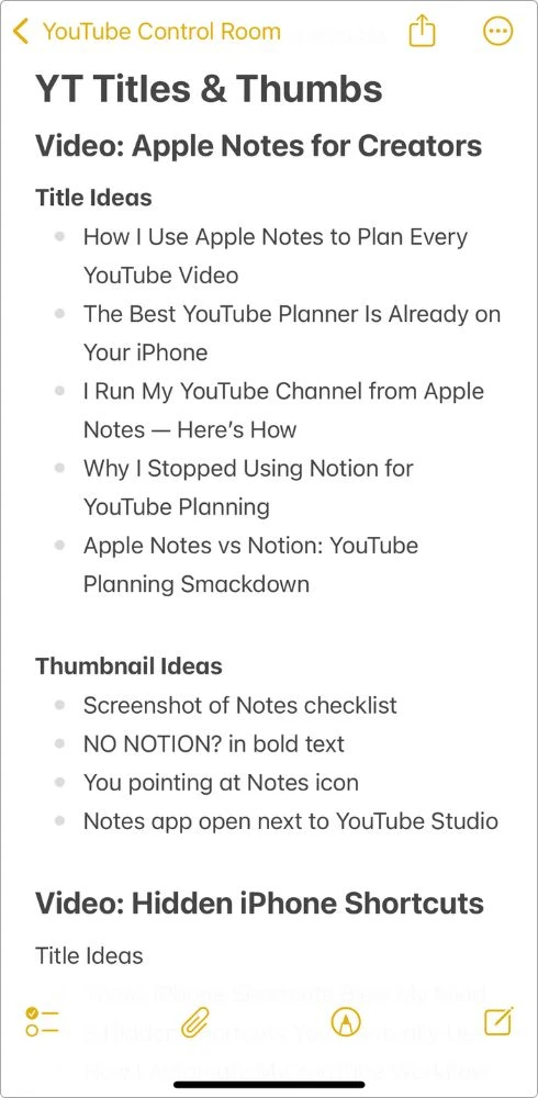 Screenshot of a brainstorming note inside Apple Notes with YouTube video title and thumbnail ideas for videos about Apple Notes and iPhone shortcuts.